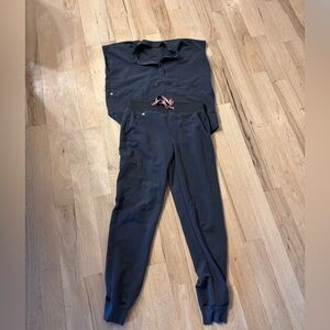 Figs blue/grey Scrub Set with Pink Drawstring